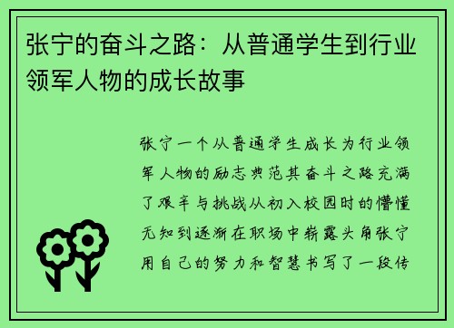 张宁的奋斗之路：从普通学生到行业领军人物的成长故事